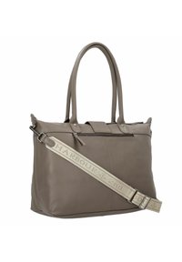 Borsa a spalla in pelle grigia con manici doppi e tracolla staccabile, dotata di zip superiore e tasca frontale con cuciture a contrasto.
