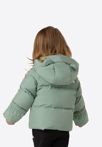 Light green puffer jacket with a hood featuring two small ear-like accents. The sleeves are slightly gathered, and it has a smooth texture.