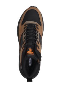 Black and brown high-top sneaker with textured leather and mesh upper, featuring black laces, a padded collar, and a label on the tongue.