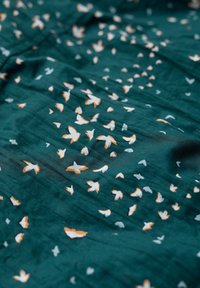 Tissu turquoise foncé avec des motifs en forme de papillons blancs et orange. La texture semble douce et légère, avec un éclat subtil.