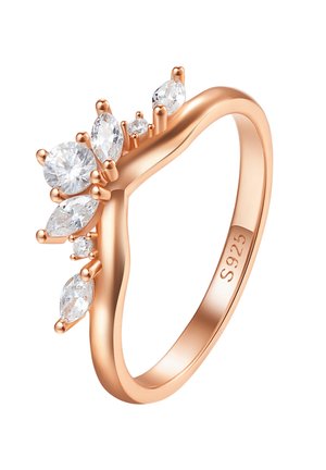 Rose gold ring featuring a floral design with multiple clear stones in various shapes, including round and marquise, showcasing intricate detailing.