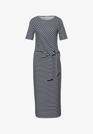 Vestido a rayas azul marino y blanco hasta la rodilla, con mangas cortas y un detalle de nudo lateral en la parte delantera.