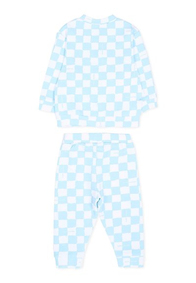 Ensemble pour tout-petit en deux pièces avec un haut à manches longues et un pantalon à motif à carreaux bleu clair et blanc.