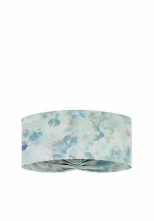 Light blue floral patterned fabric headband with gathered detail and small Buff brand logo on one side.