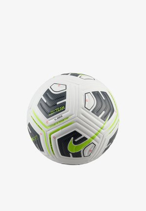 Pallone da calcio Nike bianco e nero con accenti verde neon e testo 'NIKE ACADEMY TEAM' su sfondo bianco.