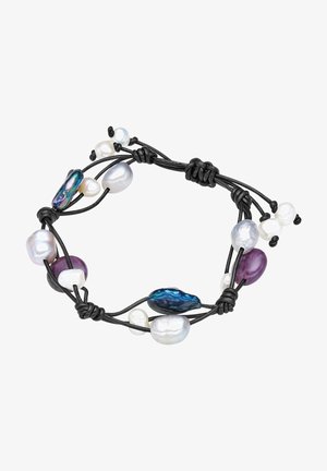 Braccialetto in corda nera con perle miste bianche, viola e blu, legato con nodi per una vestibilità regolabile.