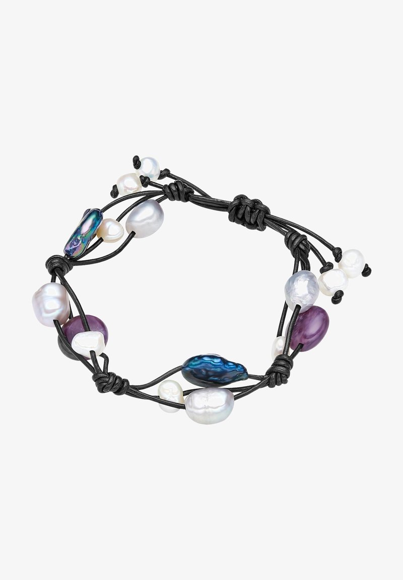 Mustra mustriga mustriga mustriga valged, lilla ja sinised pärlid mustast nöörist valmistatud käevõru, millel on sõlmed reguleeritava sobivuse jaoks.