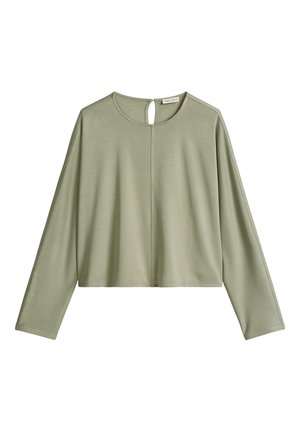 Lichtgroene cropped top met lange mouwen, een ronde hals en een klein sleutelgat met knoopsluiting aan de achterkant.