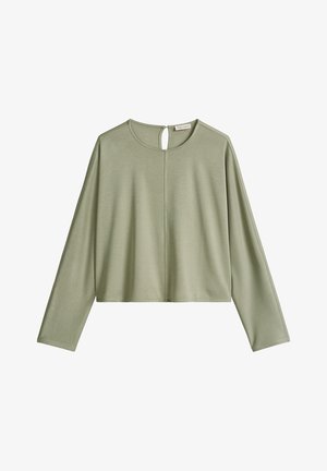 Lichtgroene cropped top met lange mouwen, een ronde hals en een klein sleutelgat met knoopsluiting aan de achterkant.