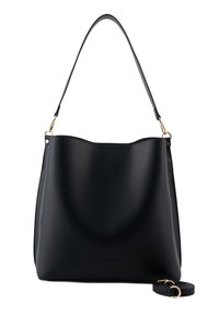 Bolso de mano de cuero negro con textura suave, silueta curva y una sola correa para el hombro. Cuenta con detalles en hardware de tono dorado y una correa desmontable.