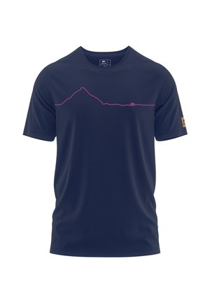 Navy blue short-sleeve t-shirt made of lightweight material, featuring a pink mountain range graphic across the chest and a logo patch on the sleeve.