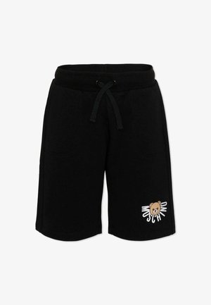 Zwarte knielange shorts met trekkoord in de taille en steekzakken aan de voorkant, voorzien van een kleine teddybeer en het "Moschino"-logo op het linkerbeen.