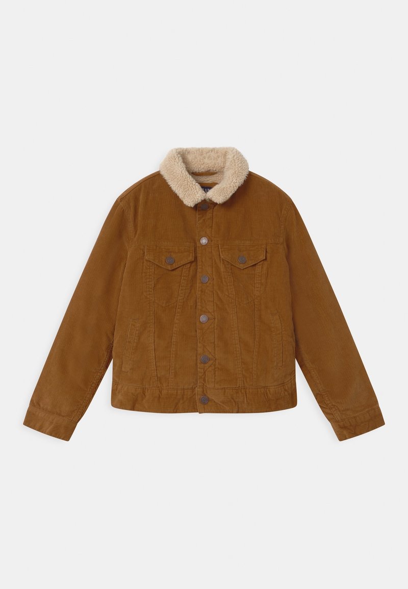 Veste en velours côtelé marron avec un col en fausse fourrure beige, dotée de deux poches poitrine et d'une fermeture boutonnée à l'avant. Manches longues avec une coupe droite.