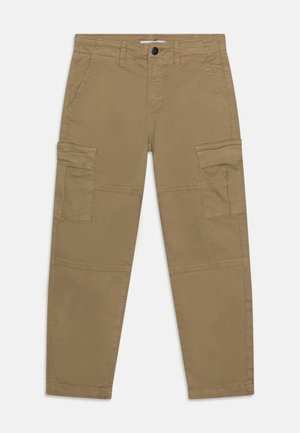 Pantalons cargo beiges en coton avec une coupe droite, featuring deux grandes poches latérales, des passants de ceinture et une fermeture éclair à l'avant avec un bouton.
