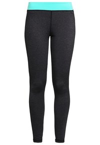 Leggings neri con una texture liscia, dotati di un ampio elastico in turchese. Il tessuto ha una leggera brillantezza, che enfatizza il design aderente.