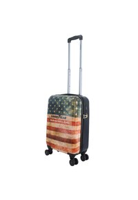 Hard-shell suitcase featuring an American flag design, blue and red stripes, and a textured finish. Includes four black wheels and retractable handle.