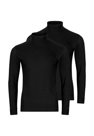 Dwie czarne, gładkie koszule z długim rękawem i golfem, przedstawione na białym tle, widoczne z przodu i lekko nałożone na siebie.