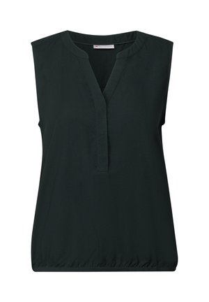 Ärmlös mörkgrön blus med V-hals, subtilt samlad nederkant och slät textur. Enkelt design utan ytterligare mönster eller accenter.
