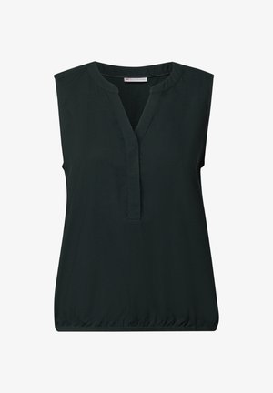 Mouwloze donkergroene blouse met een V-hals, subtiele geplooide onderrand en een gladde textuur. Eenvoudig ontwerp zonder extra patronen of accenten.