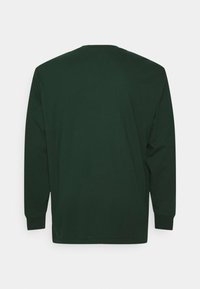 Long-sleeve t-shirt in dark green cotton, featuring a round neckline and a smooth texture with a relaxed fit. Back view with no visible design elements.