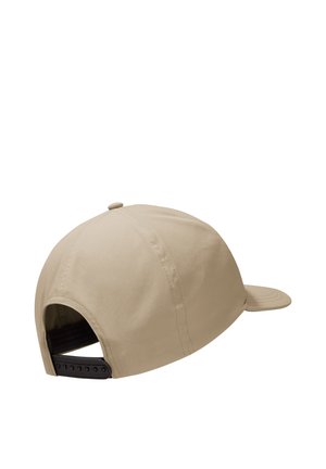 Beige baseball cap with black adjustable snapback strap, shown from the back and slightly angled to the right.