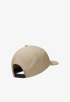 Beige baseball cap with black adjustable snapback strap, shown from the back and slightly angled to the right.