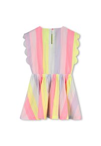 Χρωματιστό βαμβακερό φόρεμα με παστέλ ρίγες σε ροζ, κίτρινο και λεβαντίνι. Τελειώματα μανικιών με κυματιστό σχέδιο και ελαστική μέση για φουσκωτή γραμμή.