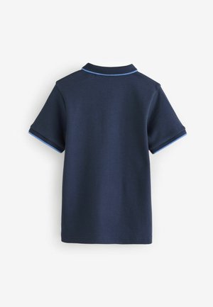 Navy short-sleeve polo shirt made of cotton, featuring a classic collar with light blue piping along the collar and sleeves.