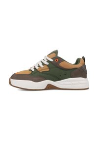 Green and brown sneakers with a mesh upper, white laces, orange eyelets, and a textured rubber sole. Round toe design with accents.
