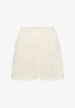 White linen shorts with an elastic waistband, featuring a textured fabric and a loose fit, designed for comfort and breathability.
