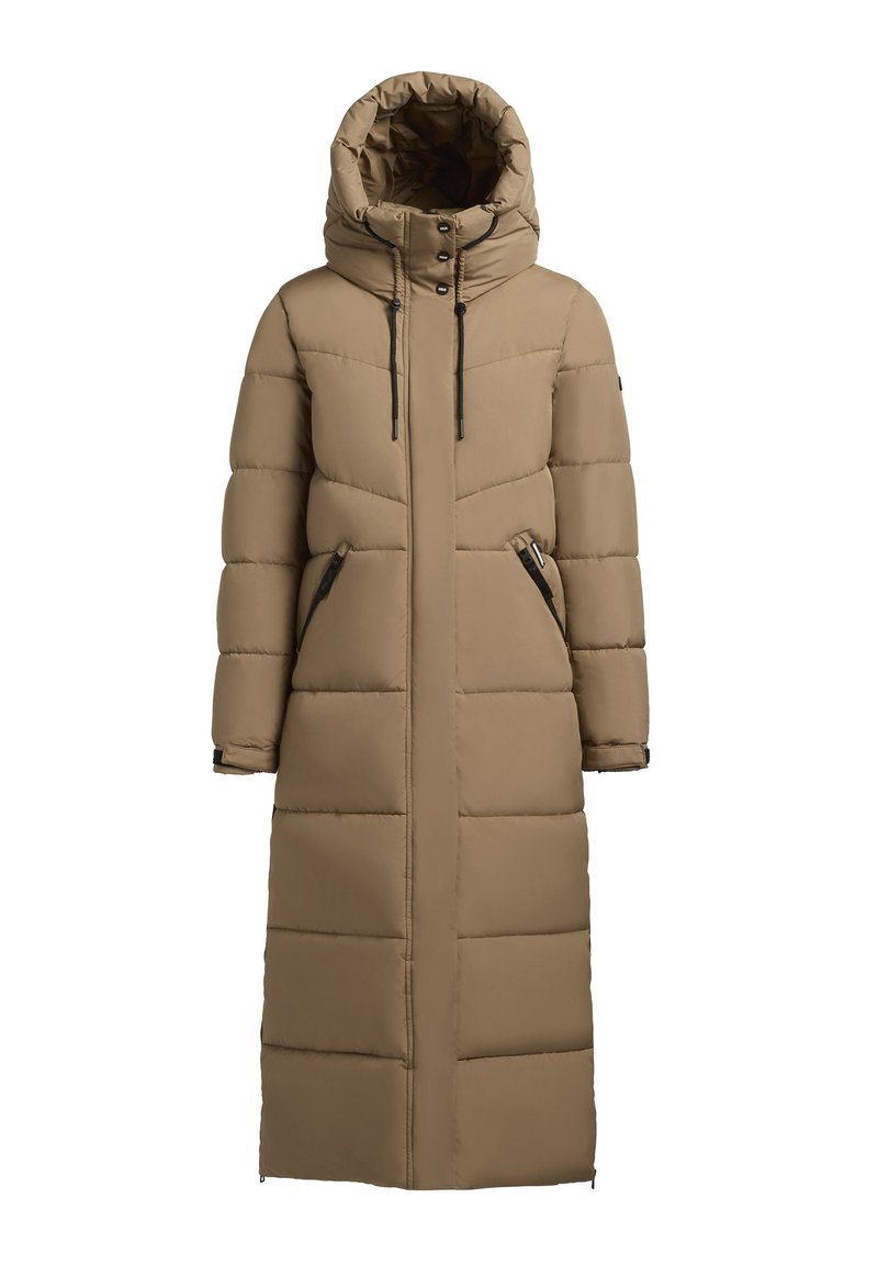 Lang beige gewatteerde winterjas met hoge kraag, verstelbare capuchon, twee ritszakken aan de zijkant en lange mouwen met polsbandjes.