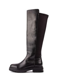Knee-high black boots with a glossy leather front and matte fabric back, featuring a textured sole and sturdy block heel.