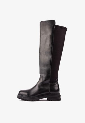 Knee-high black boots with a glossy leather front and matte fabric back, featuring a textured sole and sturdy block heel.