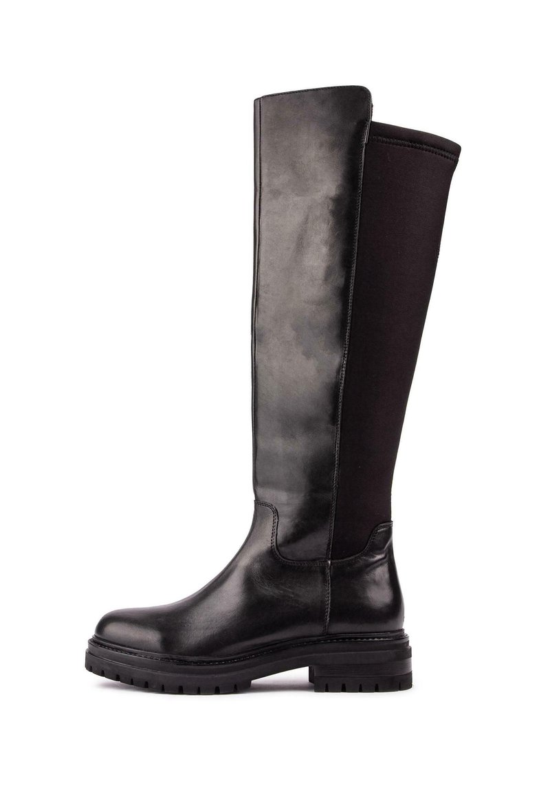 Knee-high black boots with a glossy leather front and matte fabric back, featuring a textured sole and sturdy block heel.