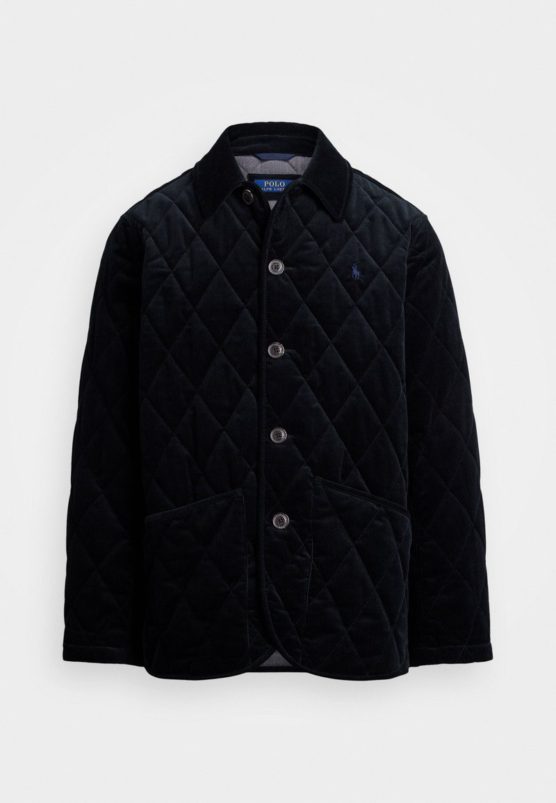 Quilted schwarze Cordjacke mit einem Kragen, vorderem Knopfverschluss und zwei vorderen Taschen. Dezentes Logo auf der Brust.