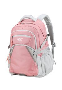 Zaino in tessuto rosa e grigio con più scomparti con zip, tasche laterali in rete e spallacci imbottiti per comfort e supporto.