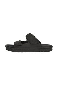 Svarta slide-sandaler med två justerbara remmar, en texturerad sula och en minimalistisk design med platt profil.