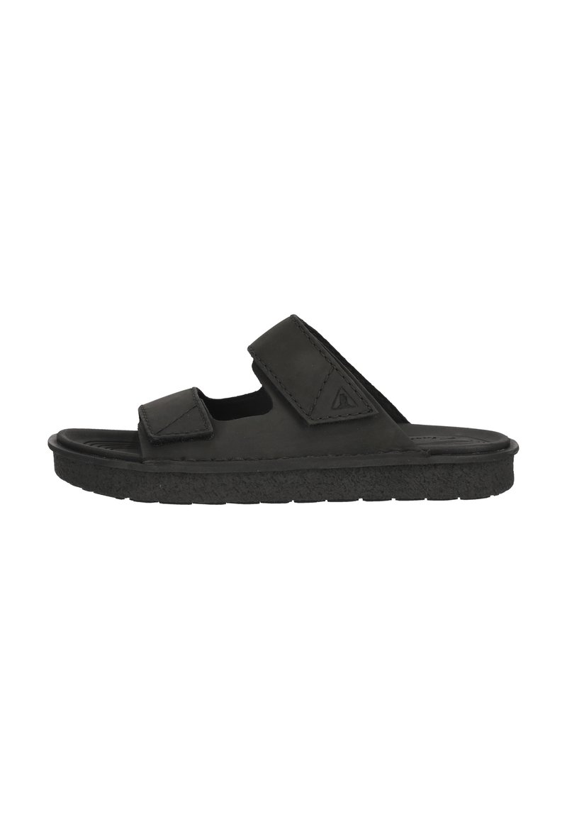 Svarta slide-sandaler med två justerbara remmar, en texturerad sula och en minimalistisk design med platt profil.