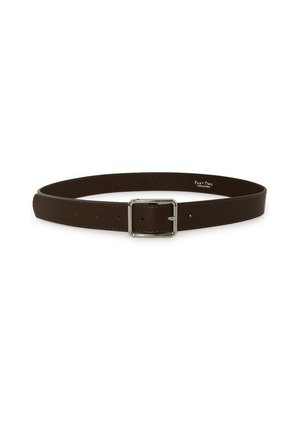 Ceinture en cuir brun foncé avec une boucle rectangulaire argentée et plusieurs trous de réglage sur fond blanc.