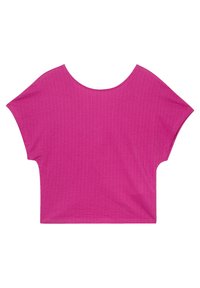 Kurzärmliges, kurzes Oberteil in leuchtendem Pink mit einem strukturierten, gerippten Muster und einem weiten, abgerundeten Ausschnitt. Weiches Material.