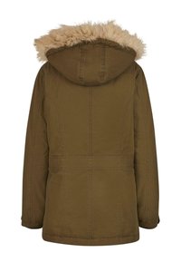 Hnědá parka bunda s chlupatou kapucí, s pásovým švem v pase, bočními kapsami a prošívanými detaily. Hladká textura látky, teplý design.