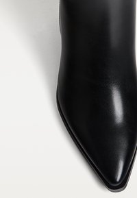 Bottine en cuir noir avec un bout pointu et une texture lisse, dotée d'une silhouette épurée sans quincaillerie ou accents visibles.