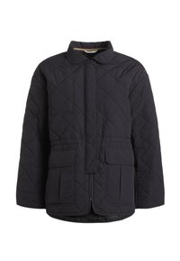 Gequiltede zwarte jas met een hoge kraag, twee grote voorzakken en een ritsluiting. De stof lijkt soepel en lichtgewicht.