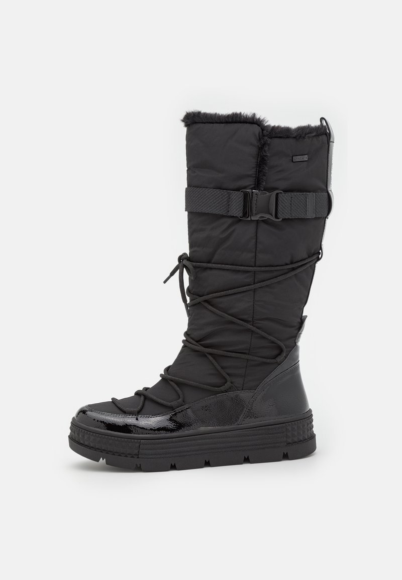Botte d'hiver noire haute avec doublure en fourrure, sangle à boucle ajustable, lacets croisés et semelle en caoutchouc texturée.