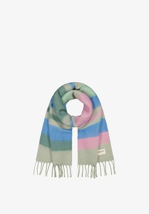 Multicolored scarf featuring vertical stripes in pastel shades of green, pink, and blue, with fringed edges and a fabric label.