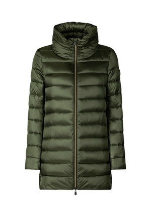 Giubbotto imbottito verde oliva con collo alto, design trapuntato verticale, zip frontale e tessuto liscio e lucido.