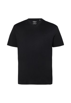 Czarny, męski T-shirt z krótkim rękawem i dekoltem w serek, z delikatnym haftowanym logo na lewej piersi oraz małą metką marki wewnątrz przy kołnierzu.