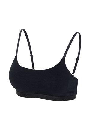 Black bra with adjustable straps, smooth fabric, and a wide elastic band at the bottom. Simple, seamless design without padding.