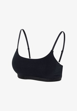 Schwarzer BH mit verstellbaren Trägern, glattem Stoff und einem breiten elastischen Band am unteren Rand. Einfaches, nahtloses Design ohne Polsterung.