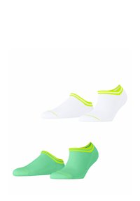 Deux paires de chaussettes invisibles : l'une en blanc avec des accents vert fluo, l'autre en vert uni avec des détails vert vif assortis.